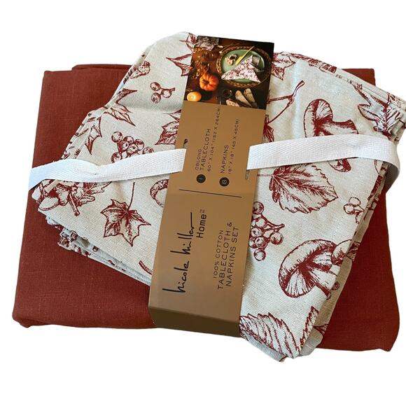 9pc Nicole Miller Fall Forest Toile Cotton 60x104 Tablecloth & Napkin Set NEW - Picture 15 of 15